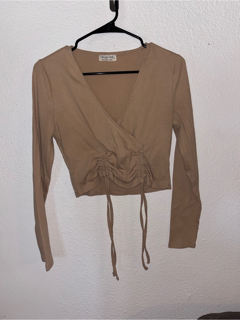 Ribbed Drawstring Surplice Crop Top - Tan